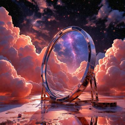 The primary subject of the image is a large, circular mirror with a reflective surface. The mirror is placed in a setting with a pink sky, clouds, and a starry background. The visual style of the image is a combination of photo and digital art, creating a surreal and dreamy atmosphere. The colors and mood of the image are predominantly pink and warm, with the starry background adding a sense of wonder and mystery to the scene.